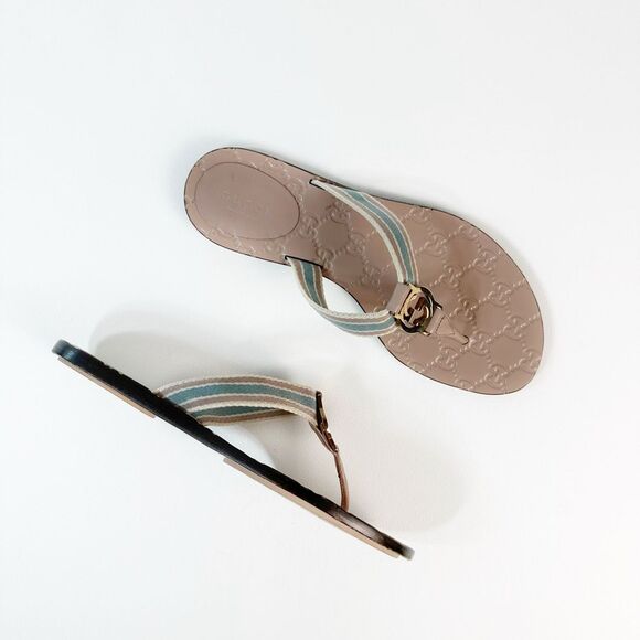 GUCCI Nude Web Stripe GG Sandal 37.5 Flat Flip Flop Leather Guccissima Embossed - Picture 13 of 13